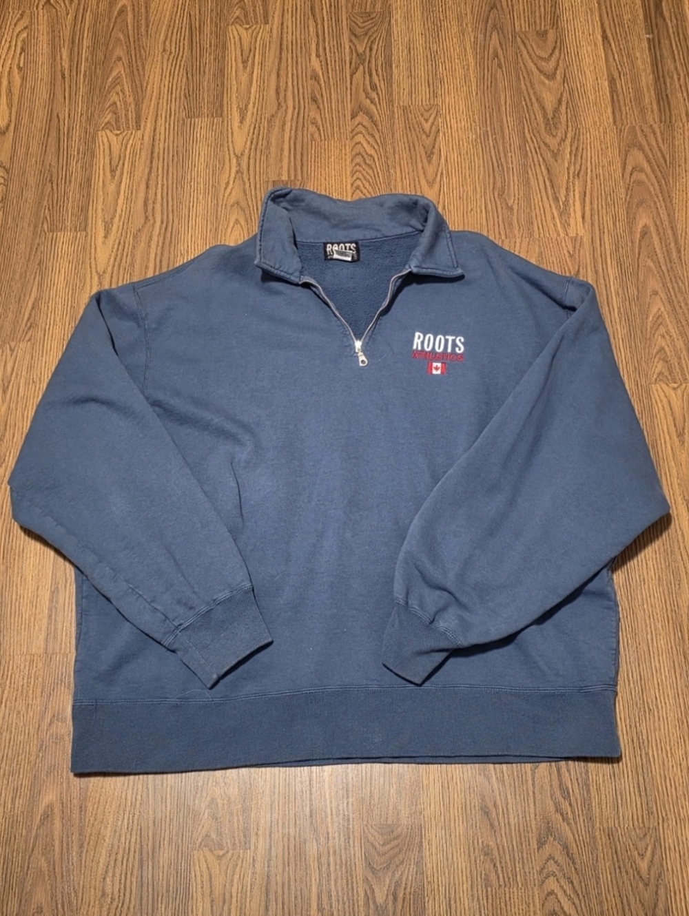 Roots Athletics Men's Quarter-Zip Pullover XXL Blue Spell Out Logo Sweatshirt - Picture 1 of 6